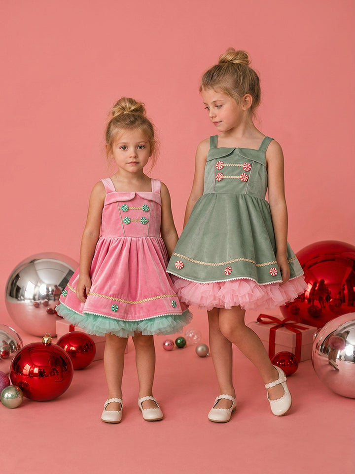 Merry Berry pink and mint side by side with the sage green Merry Mint dress, pink velvet pinafore with mint peppermint buttons over a mint tulle tutu - Before & Ever Kids