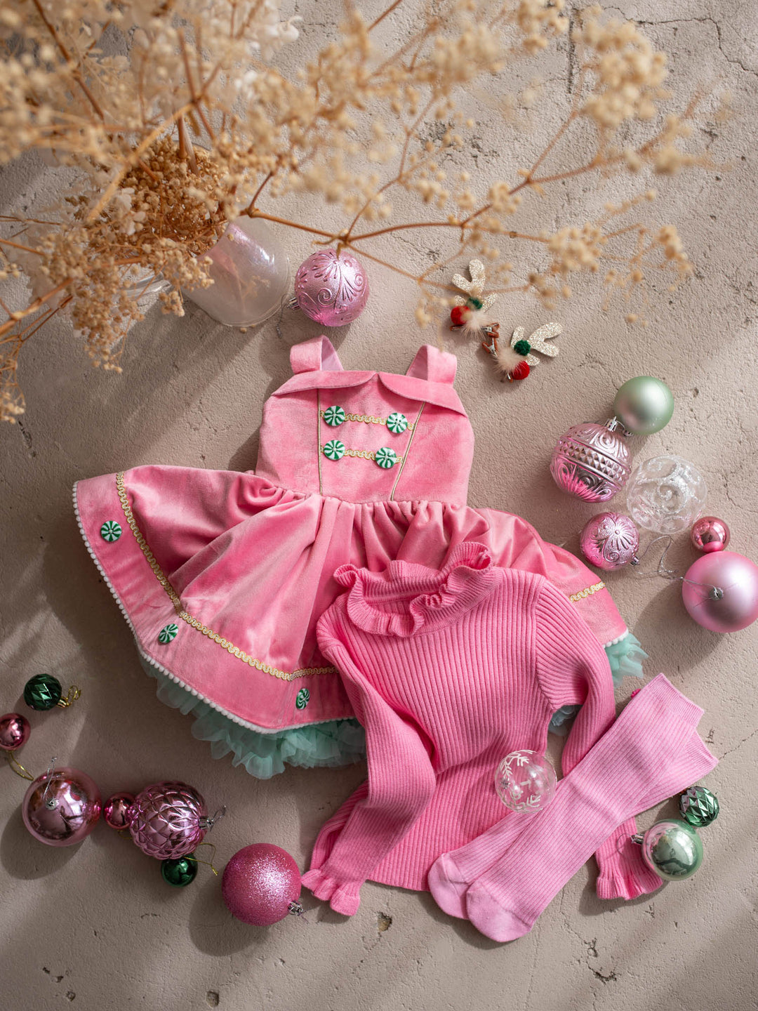 Merry Berry pink and mint styled with the Claire knitted top and Margot socks in bubblegum pink, pink velvet pinafore with mint peppermint buttons over a mint tulle tutu - Before & Ever Kids