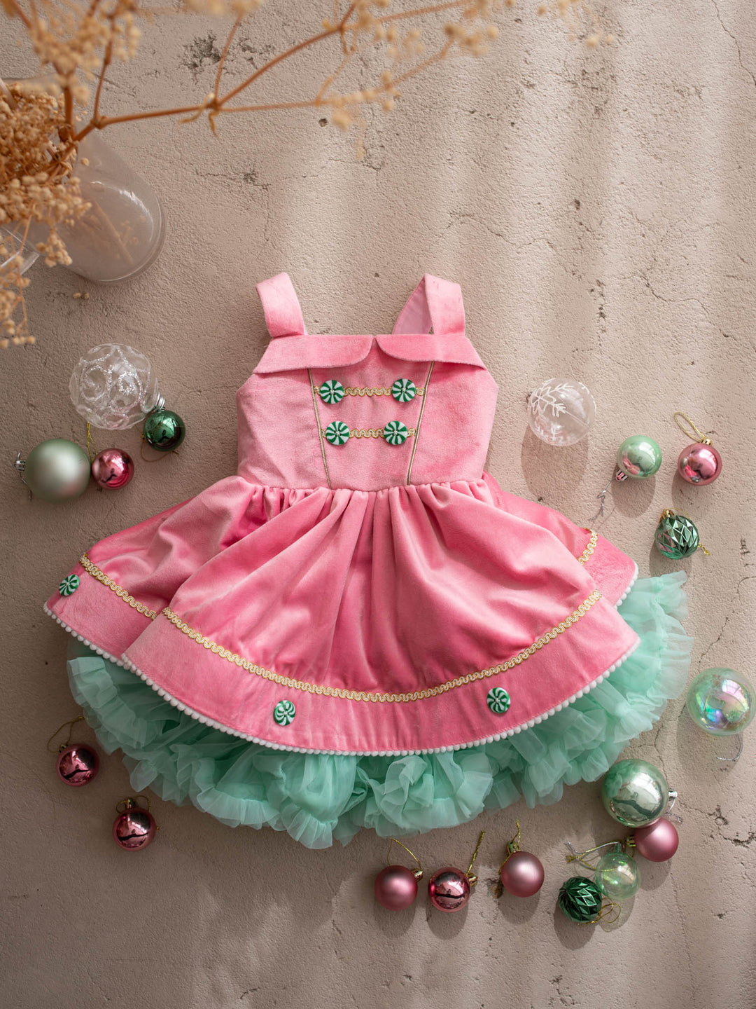 Merry Berry pink and mint pink velvet pinafore with peppermint buttons shown with its detachable mint tulle tutu skirt - Before & Ever Kids
