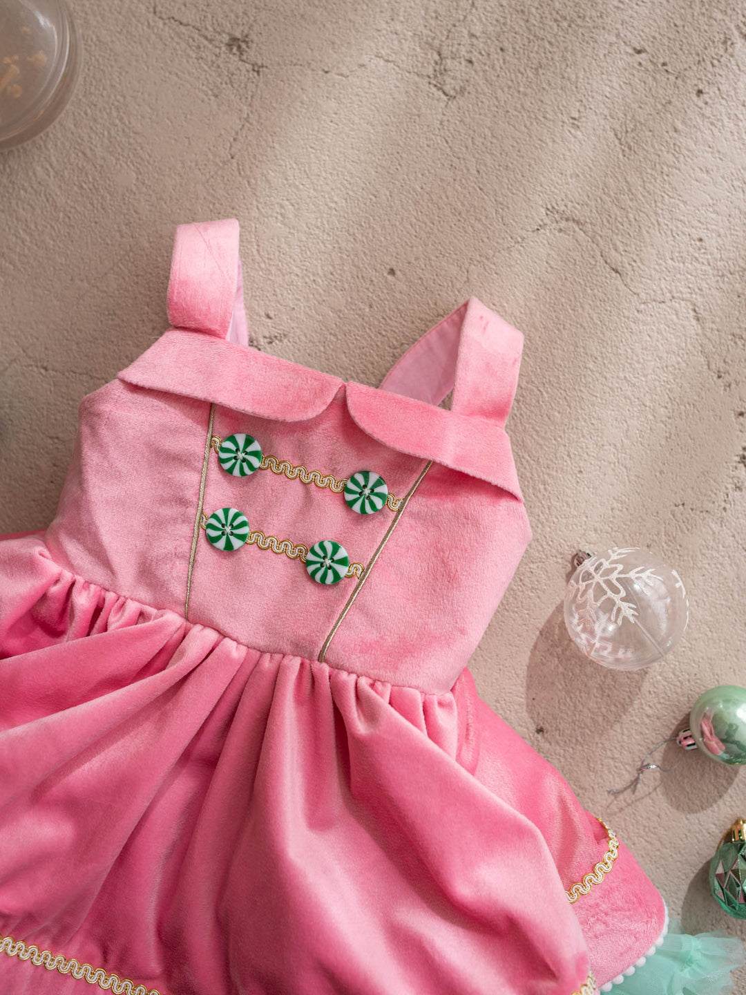 Merry Berry pink and mint pink velvet pinafore with peppermint buttons shown with its detachable mint tulle tutu skirt - Before & Ever Kids