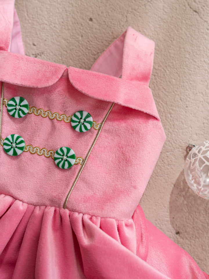 Merry Berry pink and mint pink velvet pinafore with peppermint buttons shown with its detachable mint tulle tutu skirt - Before & Ever Kids