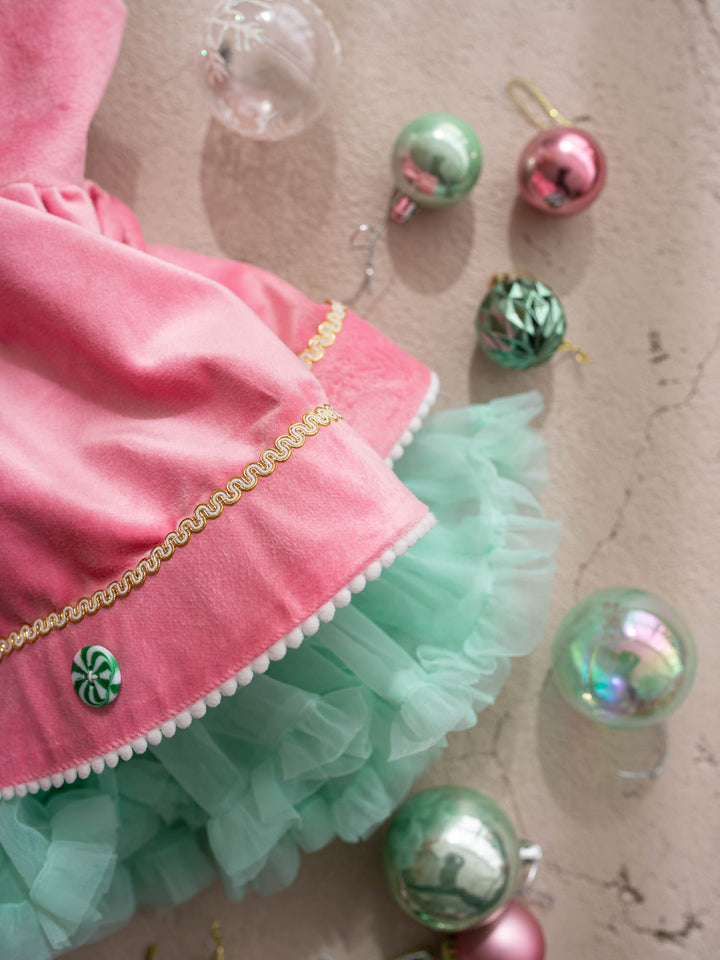 Merry Berry pink and mint pink velvet pinafore with peppermint buttons shown with its detachable mint tulle tutu skirt - Before & Ever Kids