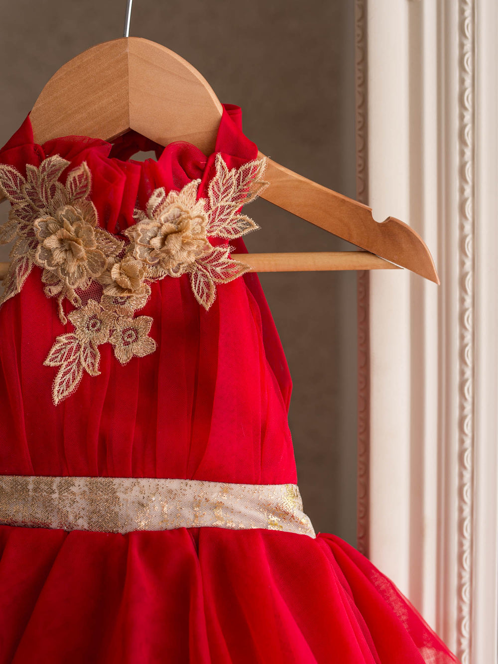 Merry Ever After red red tulle dress with gold floral lace at the neckline and a gold sash - Before & Ever Kids