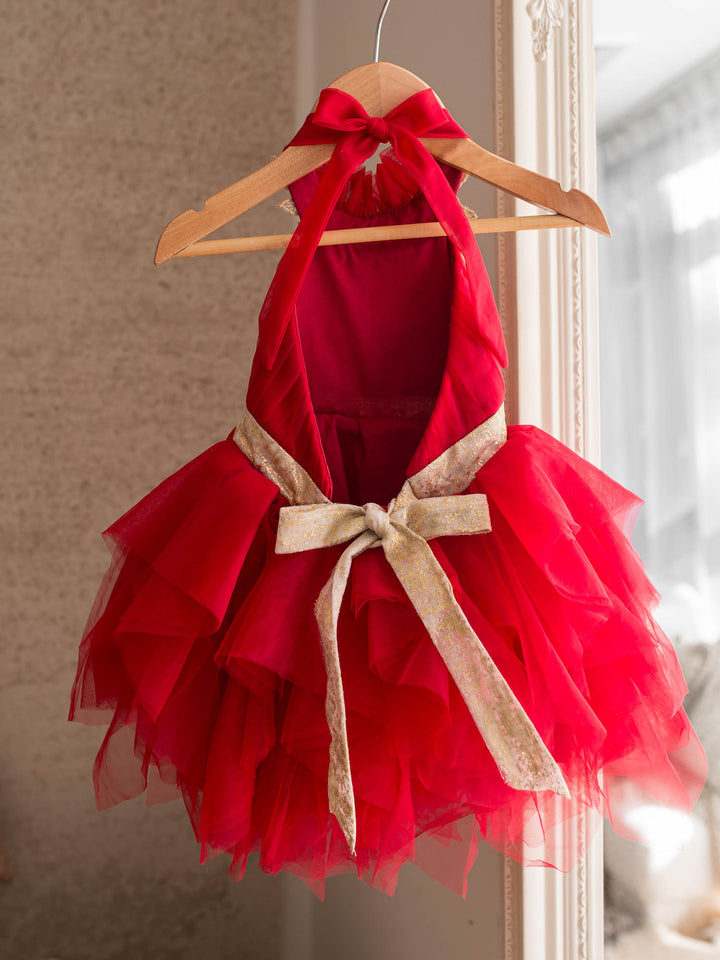 Merry Ever After red red tulle dress with gold floral lace at the neckline and a gold sash - Before & Ever Kids