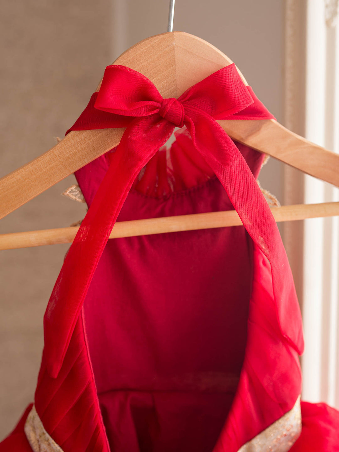 Merry Ever After red red tulle dress with gold floral lace at the neckline and a gold sash - Before & Ever Kids
