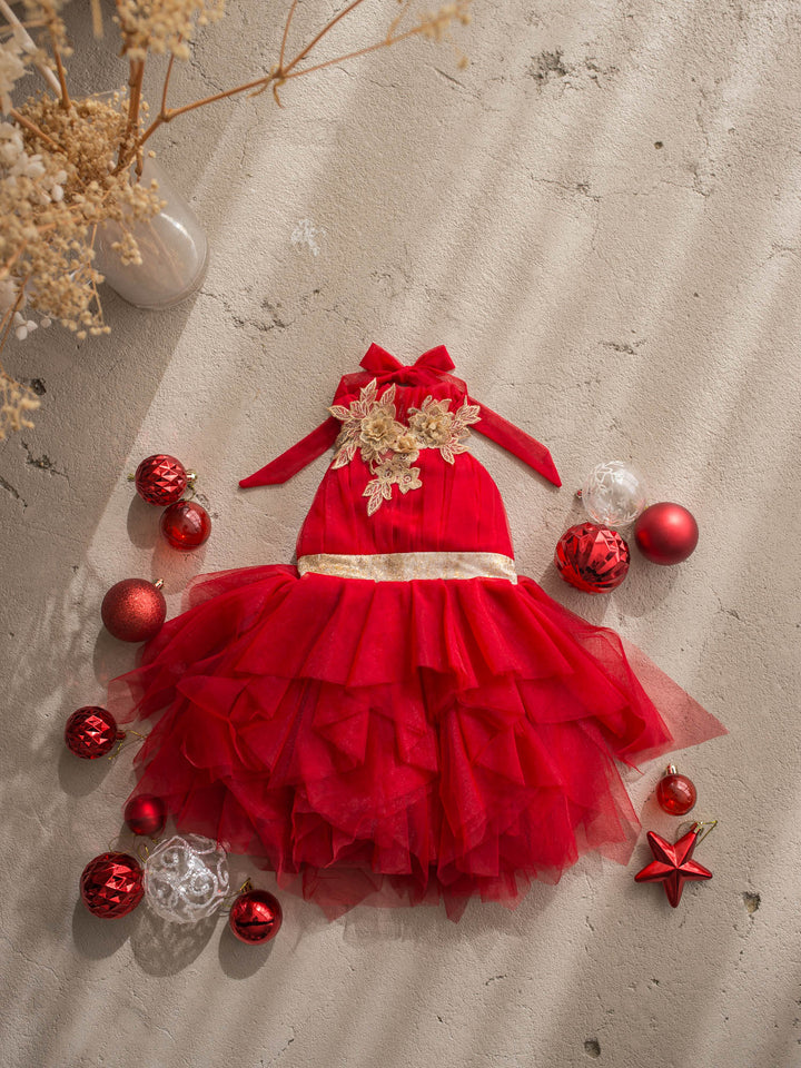 Merry Ever After red red tulle dress with gold floral lace at the neckline and a gold sash - Before & Ever Kids