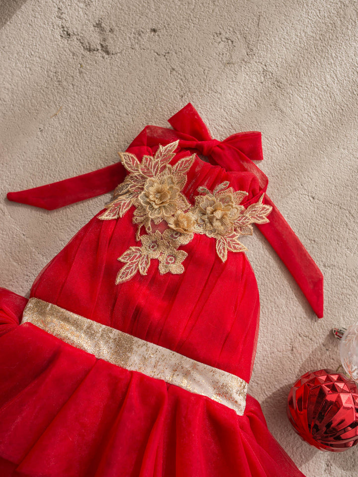 Merry Ever After red red tulle dress with gold floral lace at the neckline and a gold sash - Before & Ever Kids