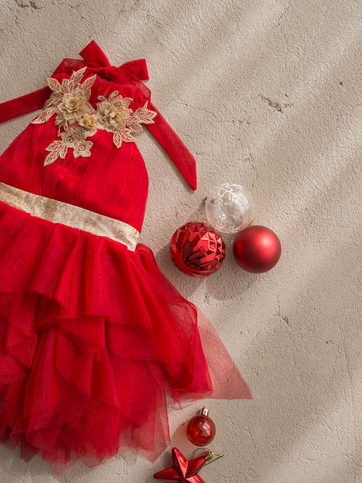 Merry Ever After red red tulle dress with gold floral lace at the neckline and a gold sash - Before & Ever Kids