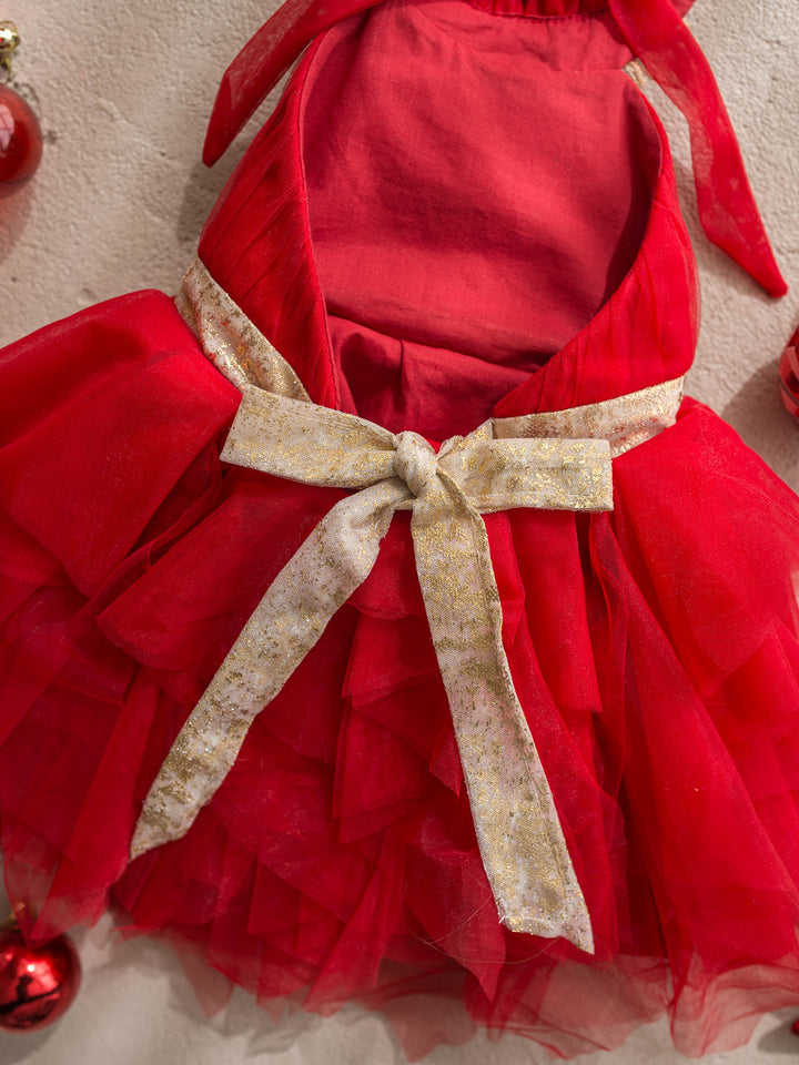 Merry Ever After red red tulle dress with gold floral lace at the neckline and a gold sash - Before & Ever Kids