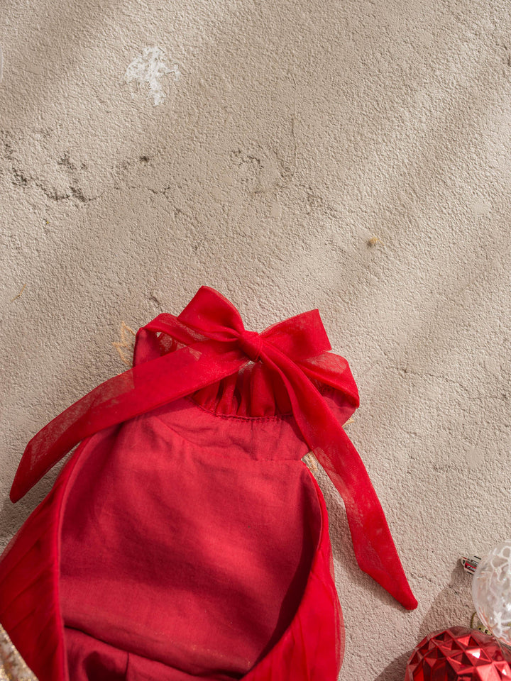 Merry Ever After red red tulle dress with gold floral lace at the neckline and a gold sash - Before & Ever Kids