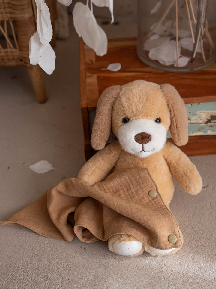 Milo the Puppy personalised Little BFF Companion Backpack, the puppy plush with its matching muslin comforter