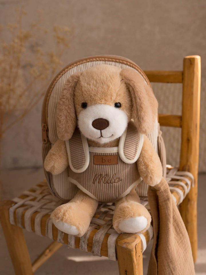 Milo the Puppy personalised plush backpack for kids, puppy and backpack front view - Before & Ever Kids