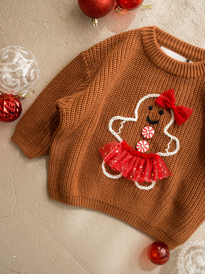 Miss Gingerbread Sweater brown caramel chunky knit sweater with an embroidered gingerbread girl in a red tulle tutu - Before & Ever Kids