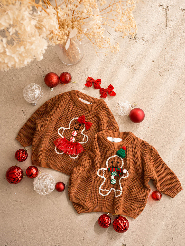 Miss Gingerbread Sweater brown caramel chunky knit sweater with an embroidered gingerbread girl in a red tulle tutu - Before & Ever Kids