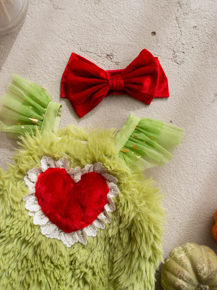 Miss Grump green faux-fur hair bow with red velvet and heart - Before & Ever Kids
