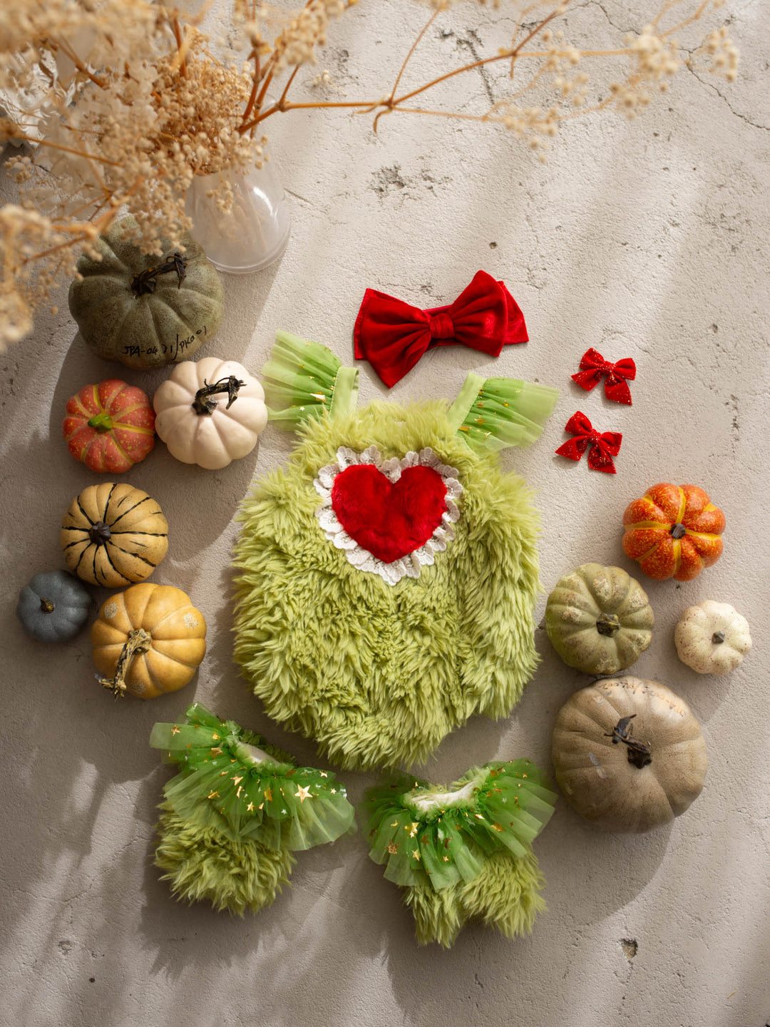 Miss Grump green faux-fur hair bow with red velvet and heart - Before & Ever Kids