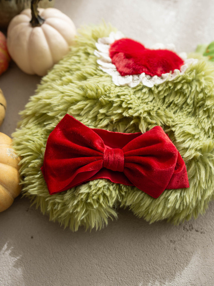 Miss Grump green faux-fur hair bow with red velvet and heart - Before & Ever Kids