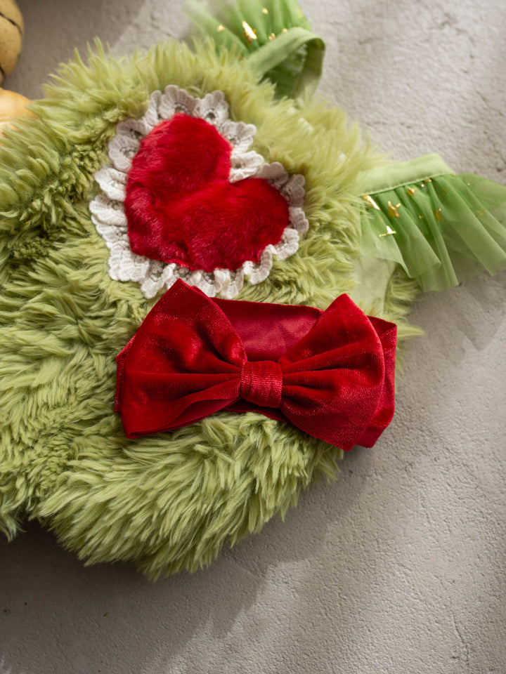 Miss Grump green faux-fur hair bow with red velvet and heart - Before & Ever Kids