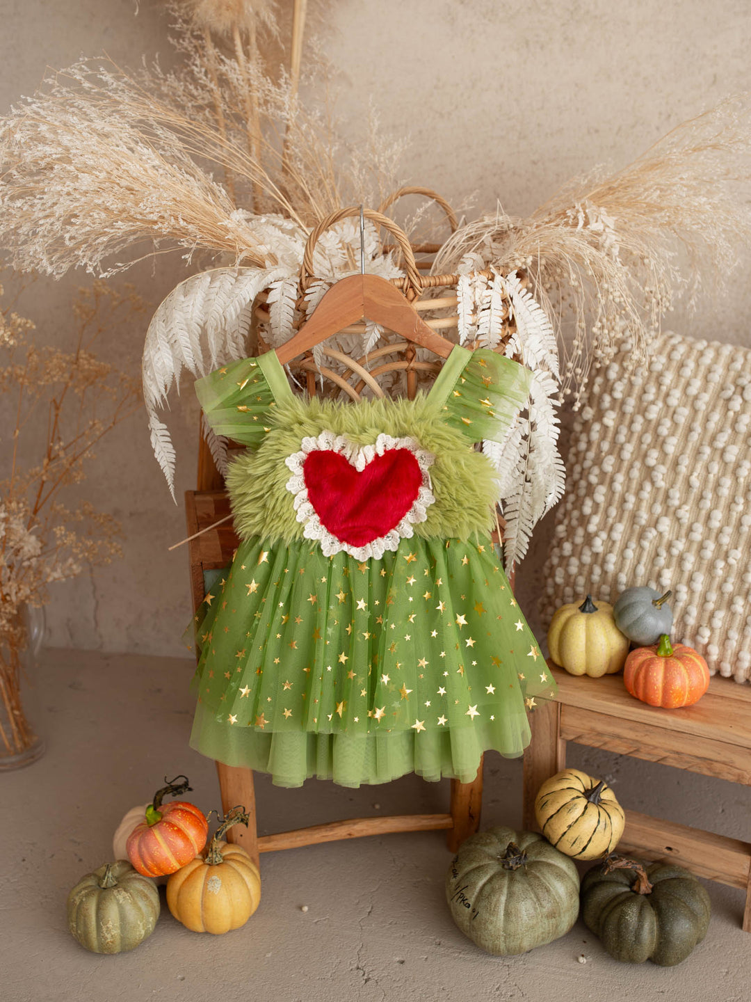 Miss Grump green faux-fur and tulle festive dress with red heart - Before & Ever Kids