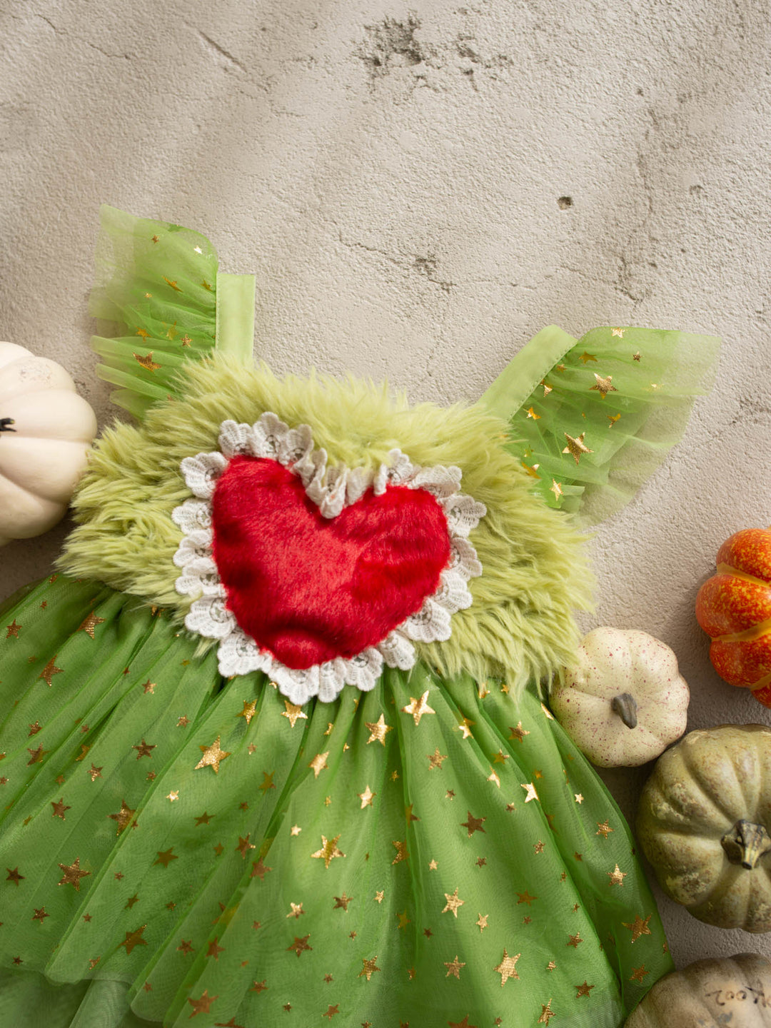 Miss Grump green faux-fur and tulle festive dress with red heart - Before & Ever Kids