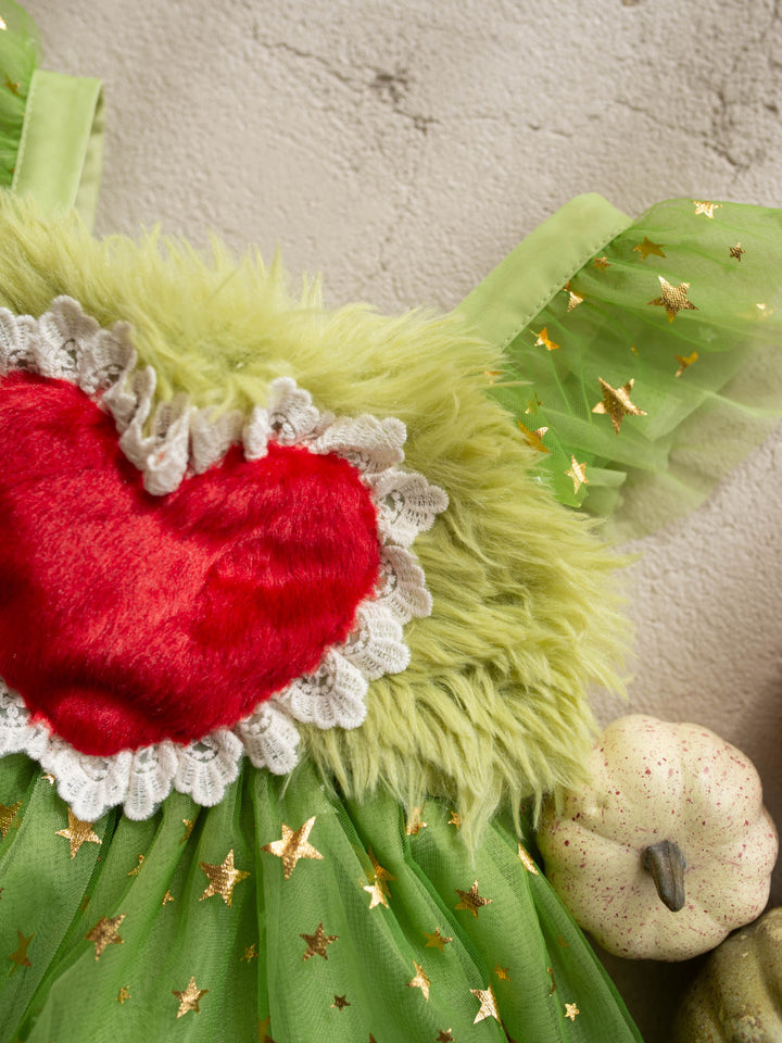 Miss Grump green faux-fur and tulle festive dress with red heart - Before & Ever Kids