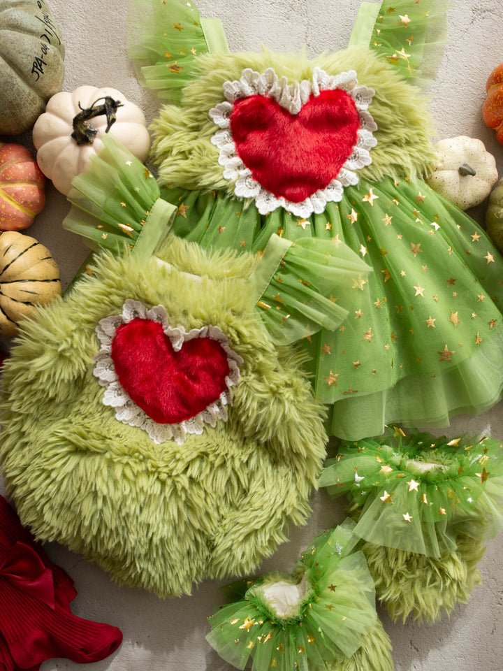 Miss Grump green faux-fur and tulle festive dress with red heart - Before & Ever Kids