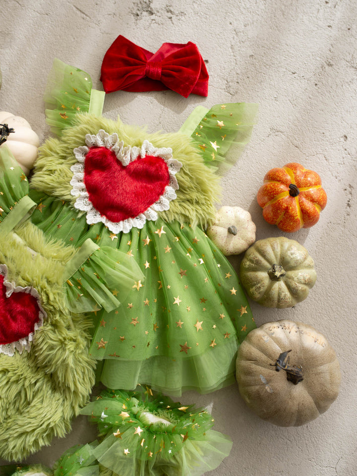 Miss Grump green faux-fur and tulle festive dress with red heart - Before & Ever Kids