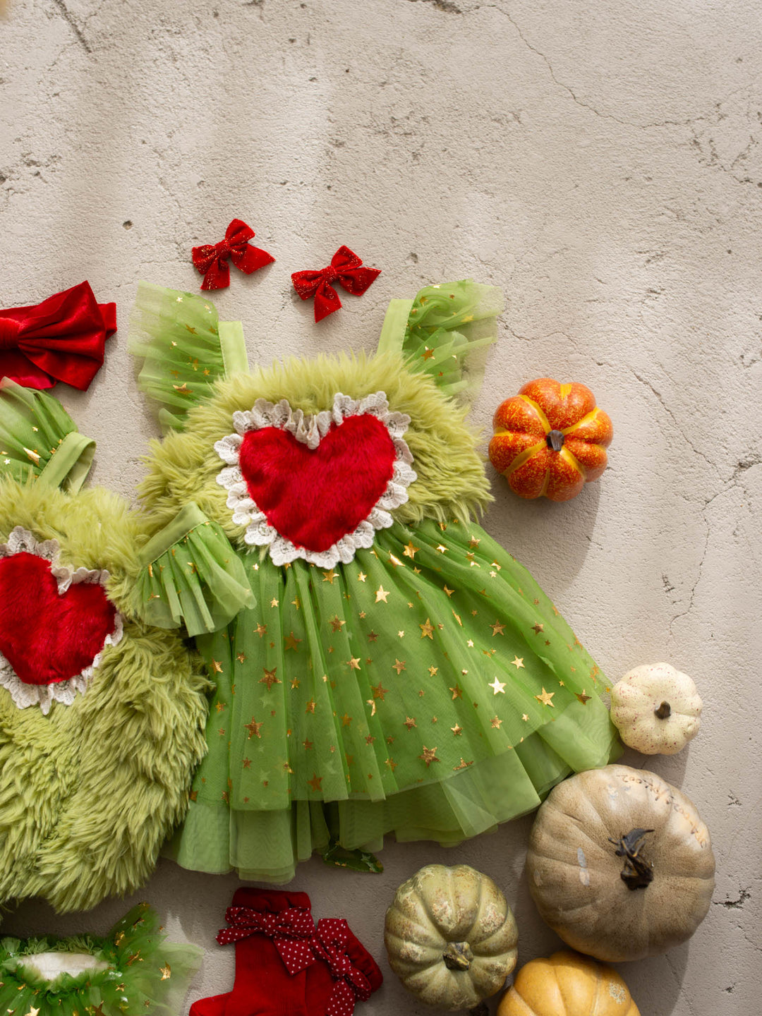 Miss Grump green faux-fur and tulle festive dress with red heart - Before & Ever Kids