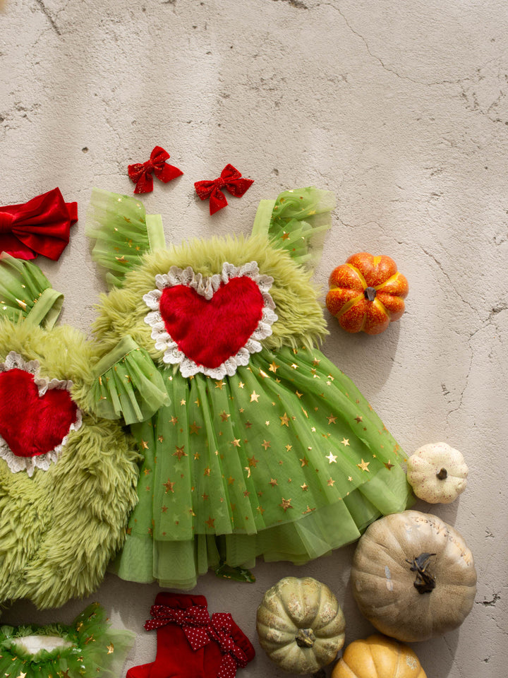 Miss Grump green faux-fur and tulle festive dress with red heart - Before & Ever Kids