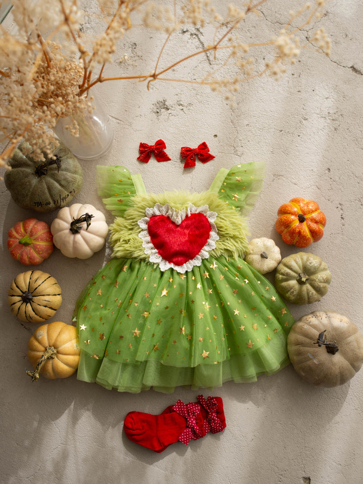 Miss Grump green faux-fur and tulle festive dress with red heart - Before & Ever Kids