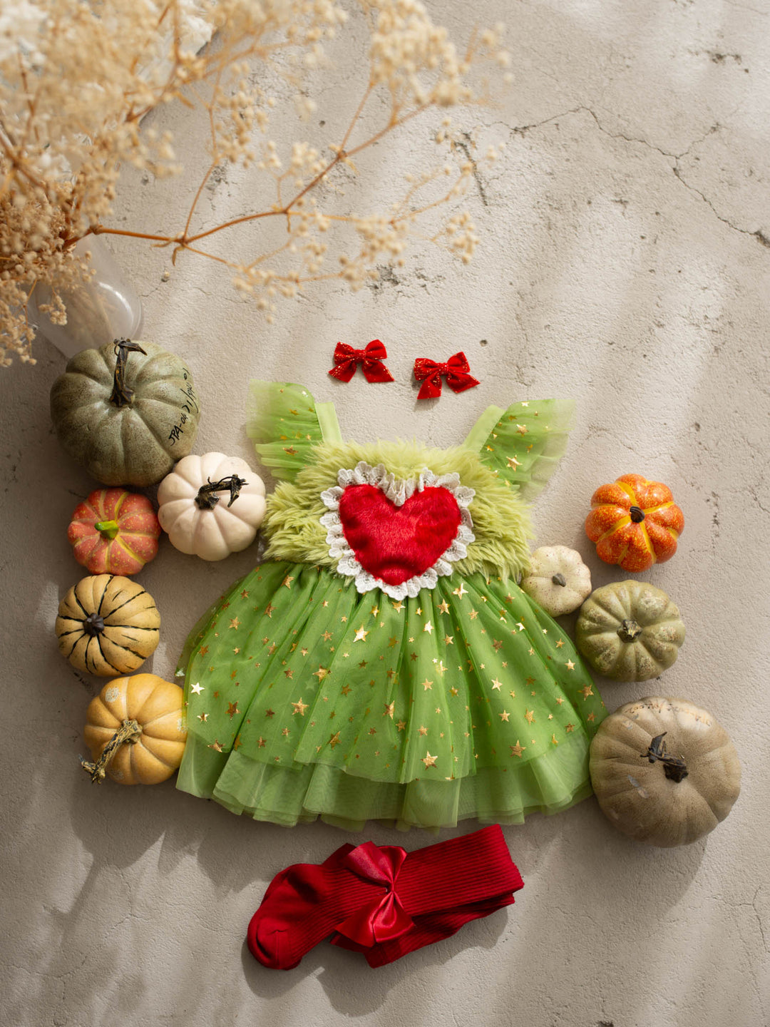 Miss Grump green faux-fur and tulle festive dress with red heart - Before & Ever Kids