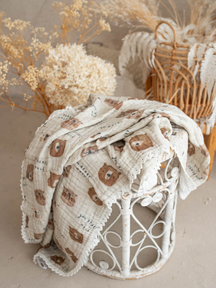 Mr Bear Beary Much teddy bear muslin baby blanket with lace trim - Before & Ever Kids