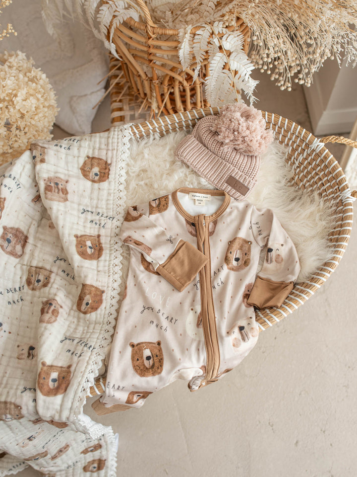 Mr Bear Beary Much teddy bear muslin baby blanket with lace trim - Before & Ever Kids