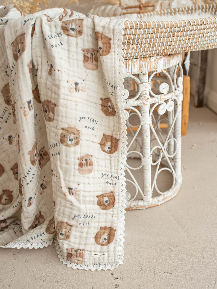 Mr Bear Beary Much teddy bear muslin baby blanket with lace trim - Before & Ever Kids