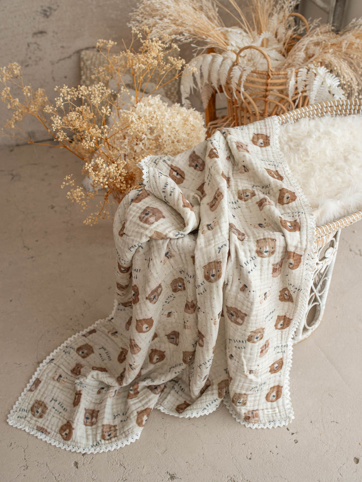 Mr Bear Beary Much teddy bear muslin baby blanket with lace trim - Before & Ever Kids
