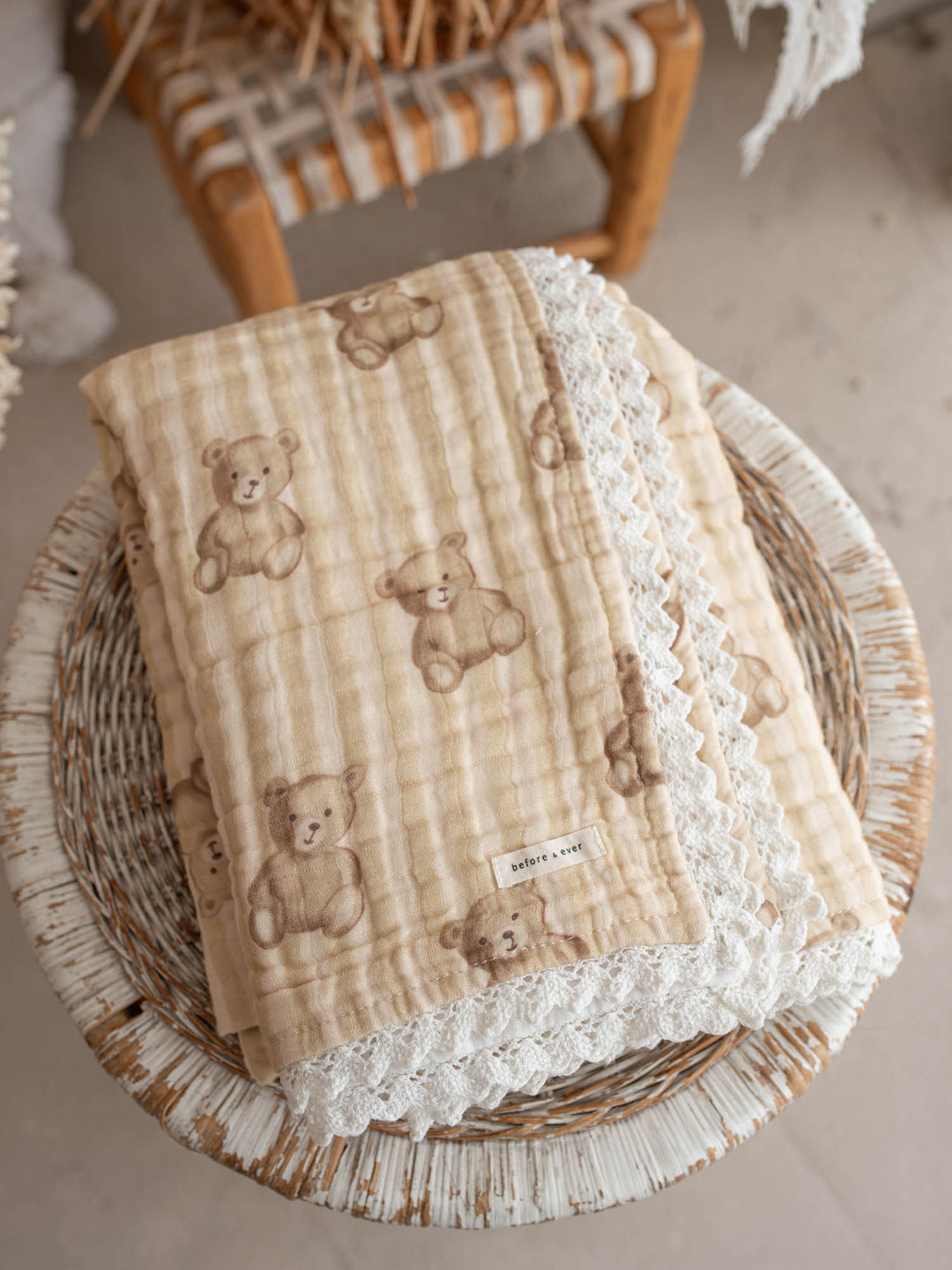 Mr Bear Teddy Stripe teddy bear muslin baby blanket with lace trim - Before & Ever Kids