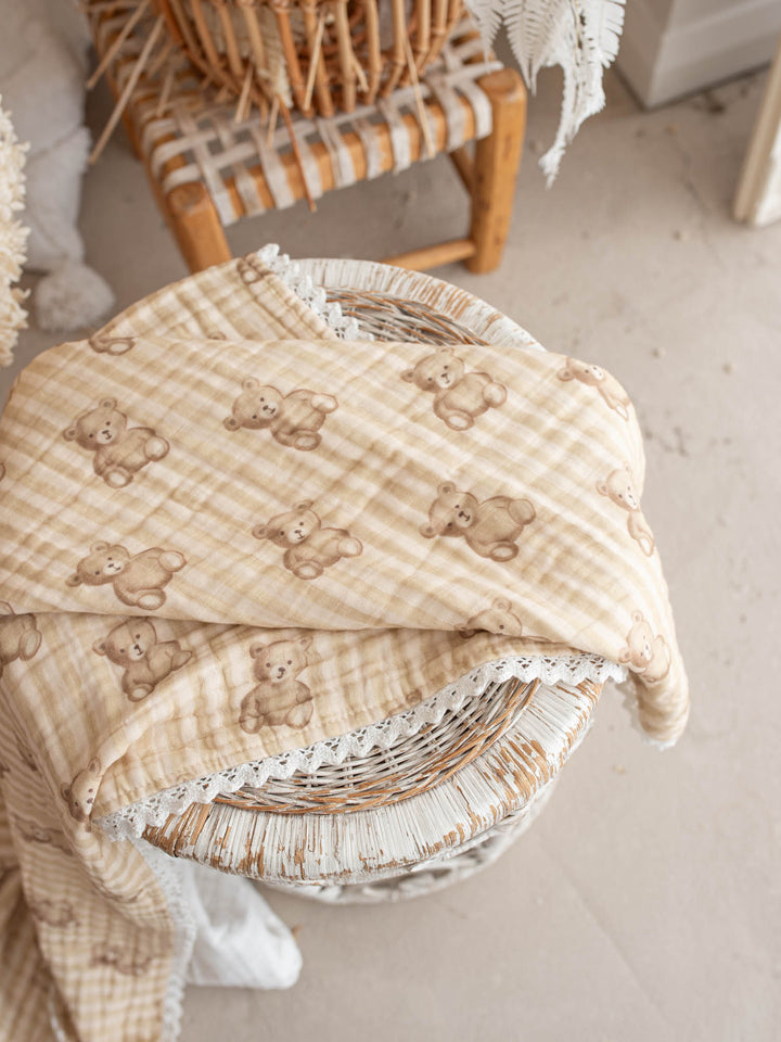 Mr Bear Teddy Stripe teddy bear muslin baby blanket with lace trim - Before & Ever Kids
