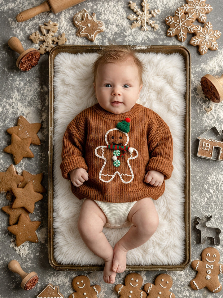 Mr Gingerbread Sweater caramel brown chunky knit on a baby lying on a soft white rug in a baking tray, surrounded by gingerbread cookies and cutters - Before & Ever Kids