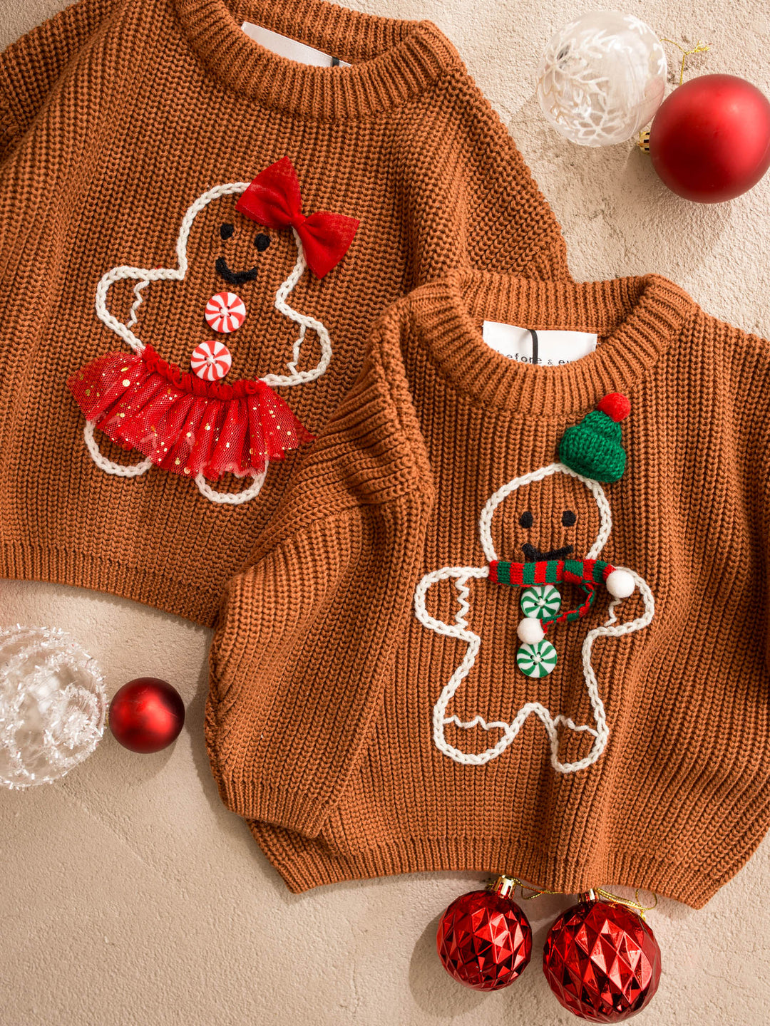 Mr Gingerbread Sweater brown caramel chunky knit sweater with an embroidered gingerbread boy in a green beanie and striped scarf - Before & Ever Kids