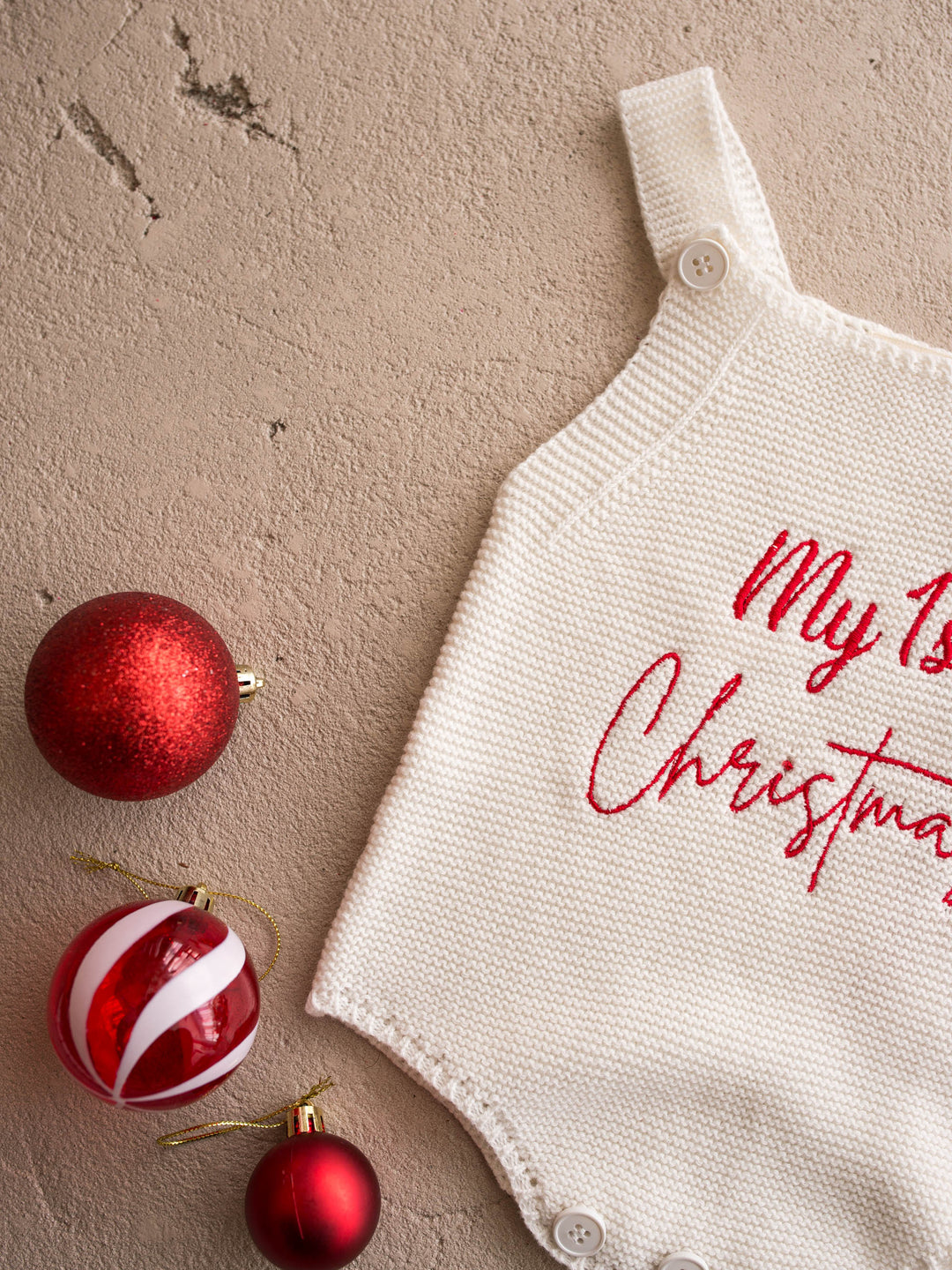My 1st Christmas Singlet Romper in milk cotton knit with red embroidery, flat with red baubles - Before & Ever Kids