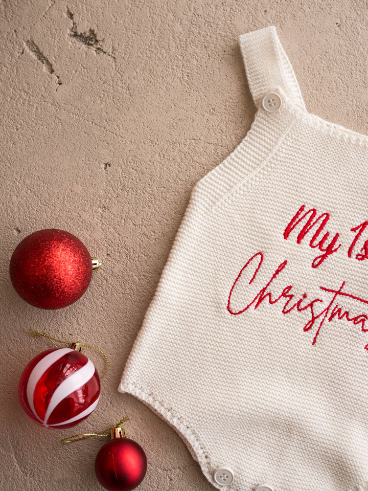 My 1st Christmas Singlet Romper in milk cotton knit with red embroidery, flat with red baubles - Before & Ever Kids