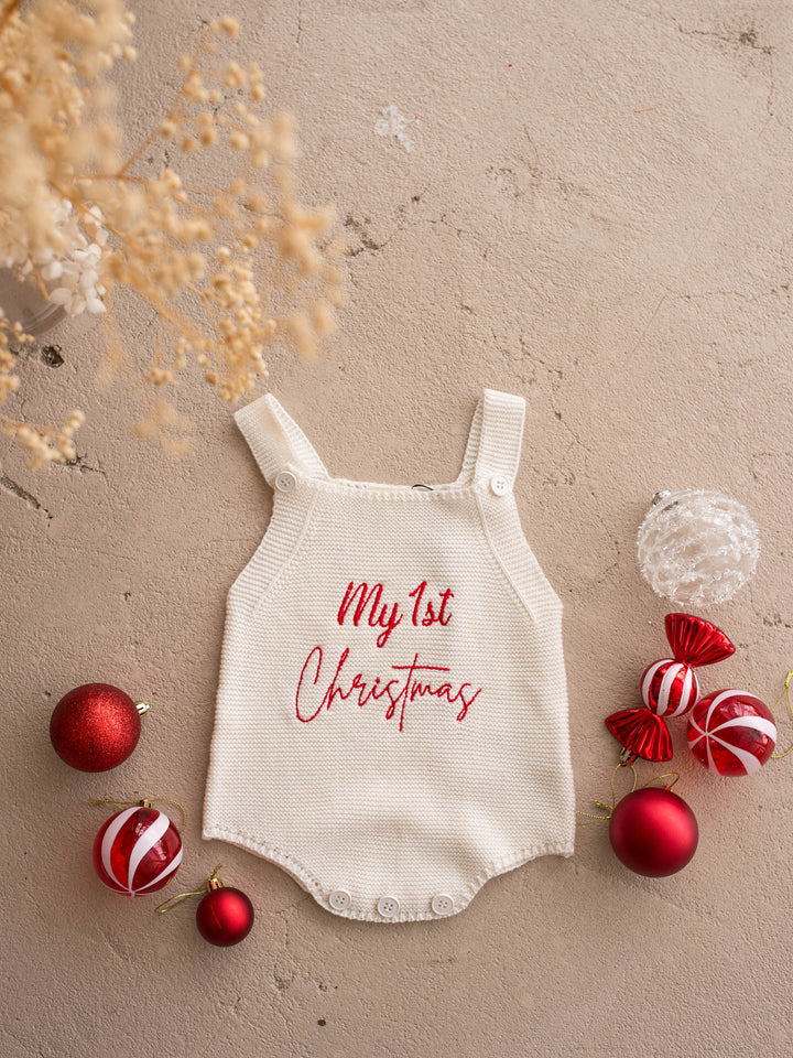 My 1st Christmas Singlet Romper in milk cotton knit with red embroidery, flat, full length - Before & Ever Kids