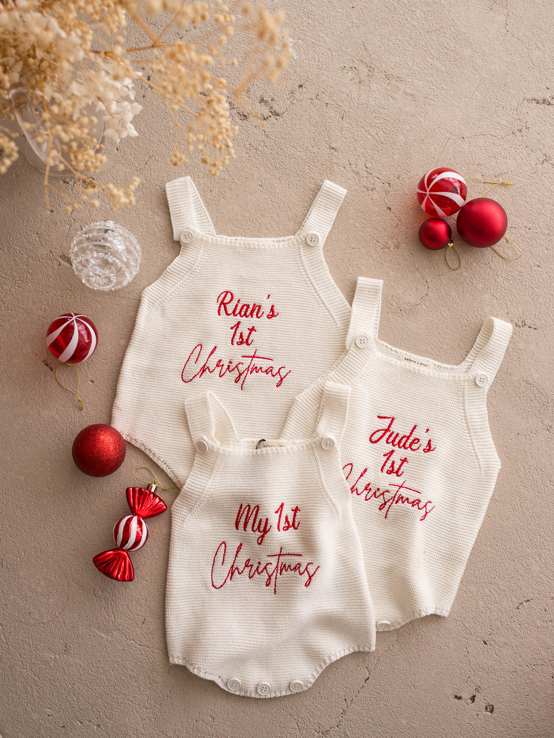 My 1st Christmas Singlet Romper in milk cotton knit with red embroidery, with two personalised name rompers - Before & Ever Kids