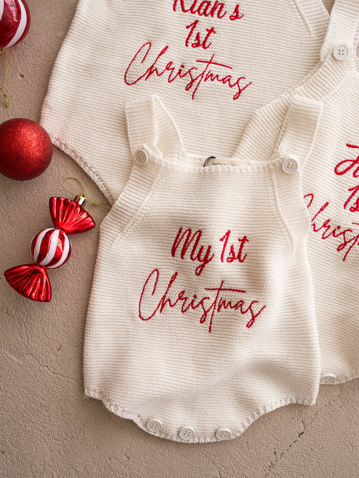 My 1st Christmas Singlet Romper in milk cotton knit with red embroidery, beside a personalised name romper - Before & Ever Kids