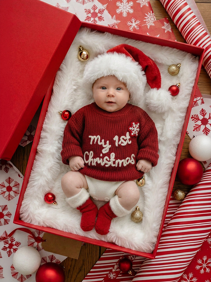 My 1st Christmas Sweater red chunky knit with white embroidered lettering and snowflake, on a baby in a Santa hat lying in a red gift box - Before & Ever Kids