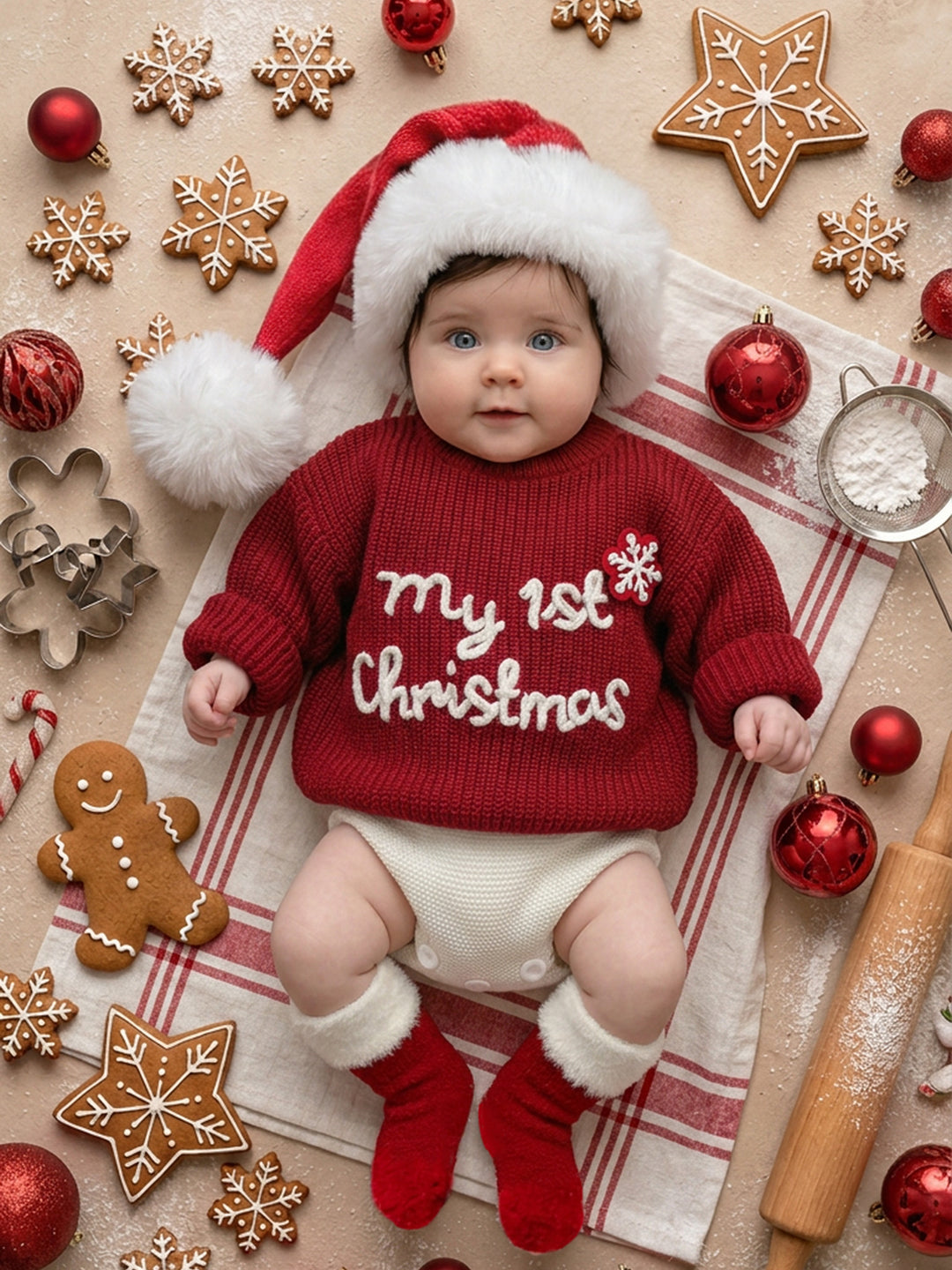 My 1st Christmas Sweater red chunky knit with white embroidered lettering, on a baby in a Santa hat on a flour-dusted bench with gingerbread cookies - Before & Ever Kids