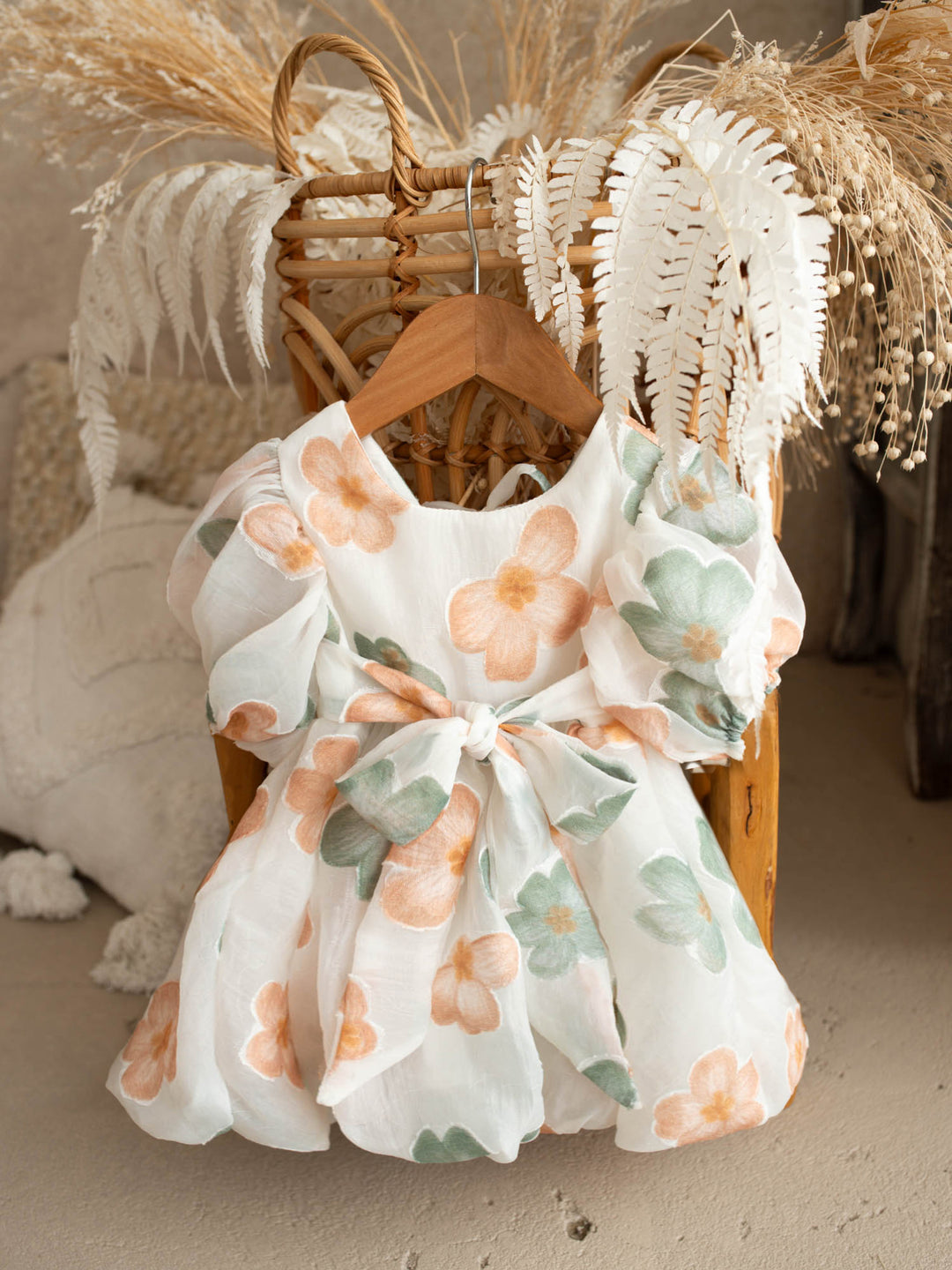 Paint Me a Garden peach meadow floral baby dress with puff sleeves - Before & Ever Kids