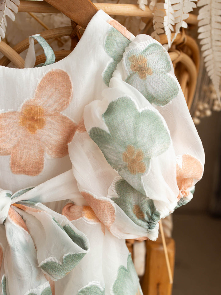 Paint Me a Garden peach meadow floral baby dress with puff sleeves - Before & Ever Kids