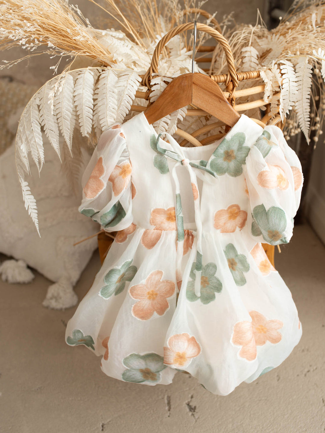 Paint Me a Garden peach meadow floral baby dress with puff sleeves - Before & Ever Kids