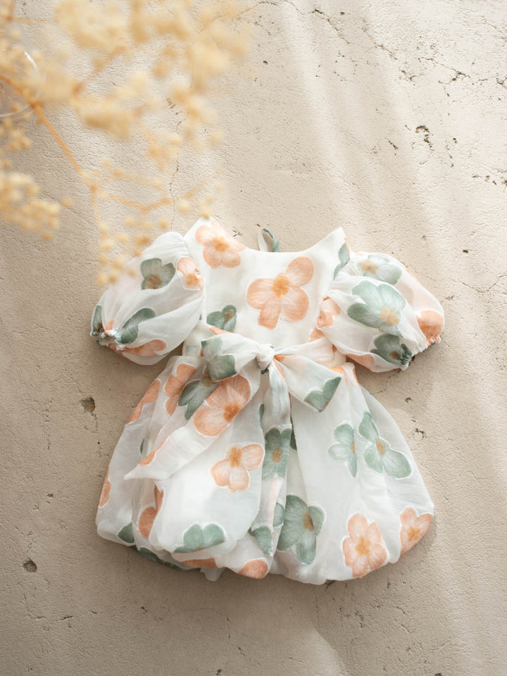 Paint Me a Garden peach meadow floral baby dress with puff sleeves - Before & Ever Kids